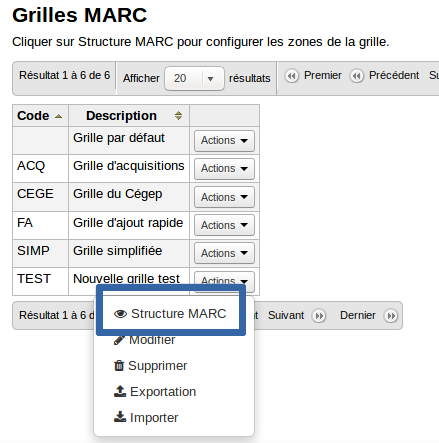 vue de l'option «Structure MARC» dans le bouton «Action» de la grille