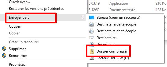 option «Dossier compressé» de créateur de fichier zip