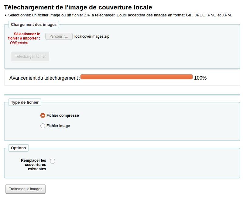 option «Remplacer les images de couvertures existantes» du formulaire de téléversement d'images