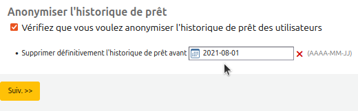 vue de l'option cochée "Vérifiez que vous voulez anonymiser l'historique de prêt des utilisateur" et du champ de "supprimer définitivement l'historique de prêt avant" une date précise