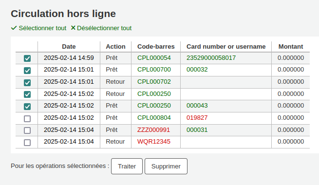 vue de transactions hors ligne en attente de traitement, avec cases à cocher