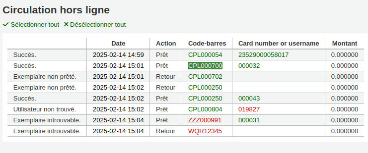 vue d'exemples de messages de transactions traitées