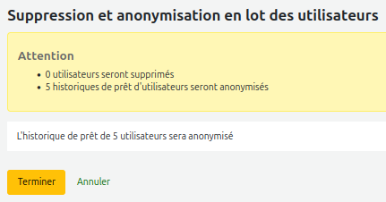 vue d'un message de confirmation d'anonymisation.