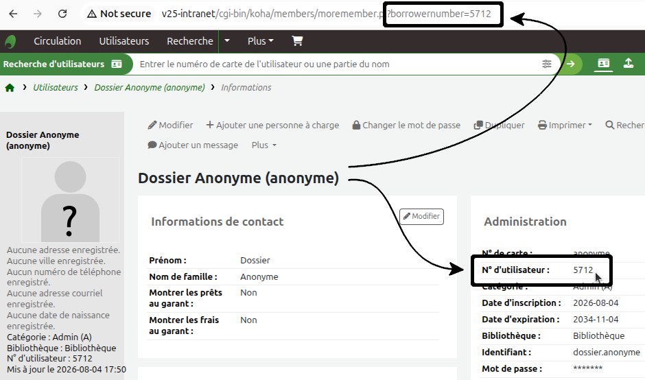 vue de la mention "borrowernumber=" dans l'URL du dossier et du champ "No d'utilisateur" de l'onglet "Informations" du dossier.