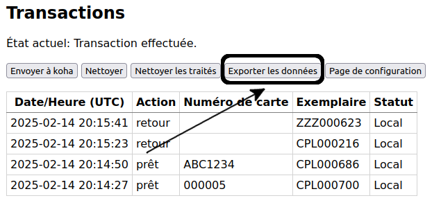 vue du bouton «Exporter les données» dans la page de prêts de secours