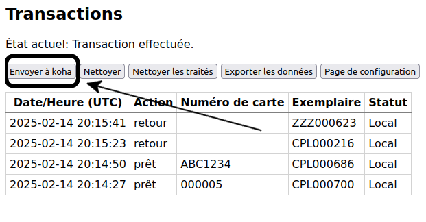 vue du bouton "Envoyer à Koha" dans l'extension de prêt de secours