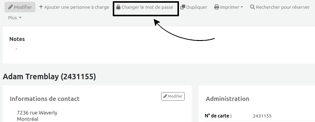 vue du bouton "changer le mot de passe", au haut du dossier à l'intranet
