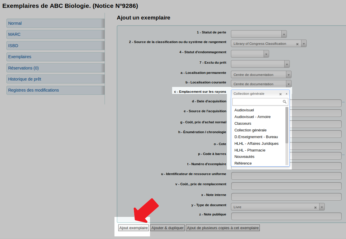 zone c - emplacement sur les rayons du formulaire d'ajout d'exemplaire