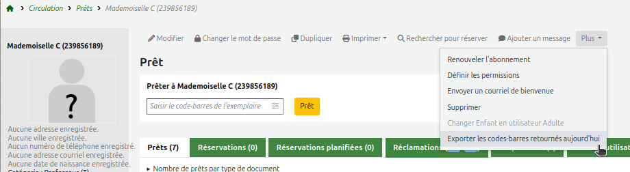 l'option «Exporter les codes-barres ..» du menu déroulant «Plus»