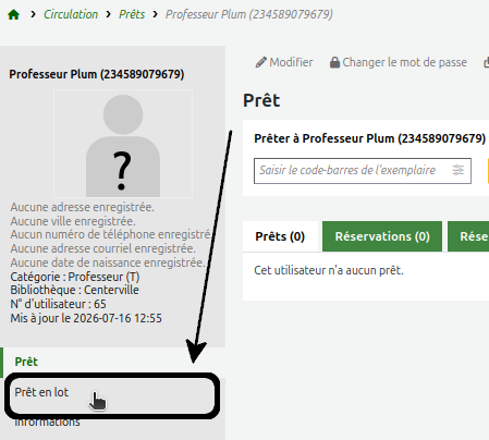section «Prêt en lot» dans les menus de gauche du dossier utilisateur