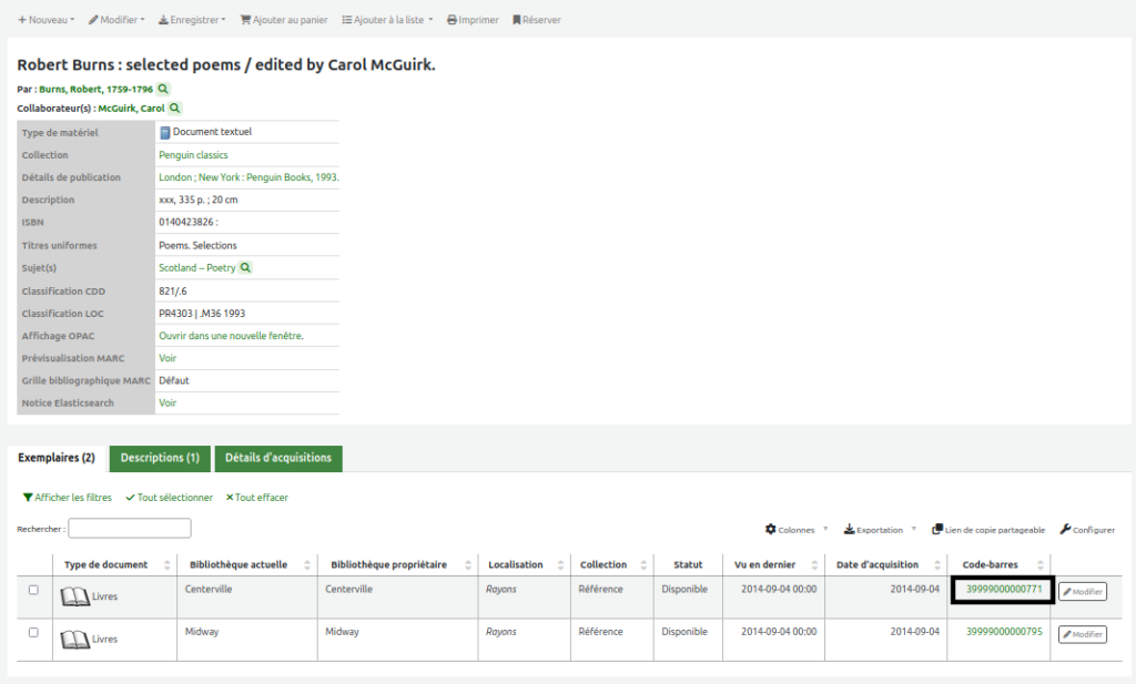 Notice bibliographique dans l'intranet. Le code-barres de l'exemplaire est mis en évidence.