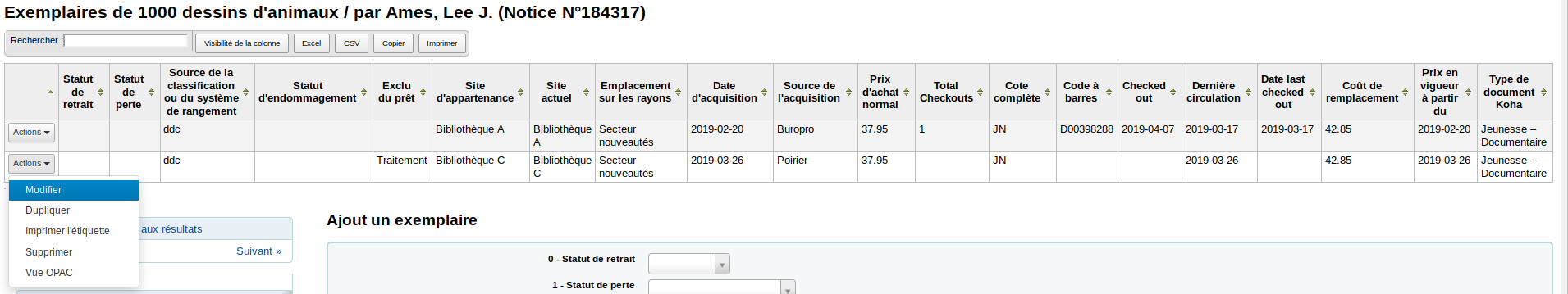 bouton «Actions» d'un exemplaire à modifier