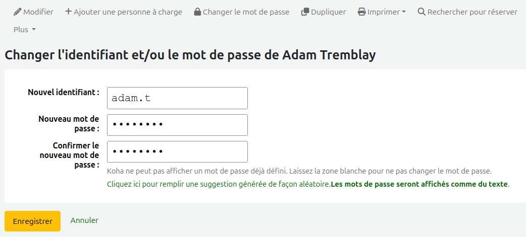 vue de boîtes de saisi "identifiant", "nouveau mot de passe" et "confirmer le nouveau mot de passe".