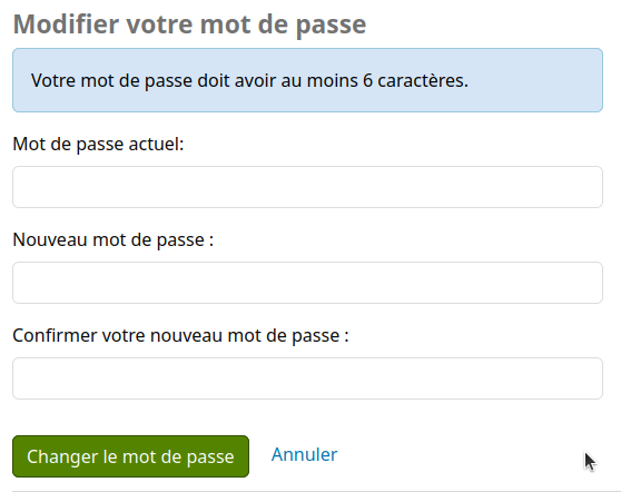 vue du formulaire de modification de mot de passe