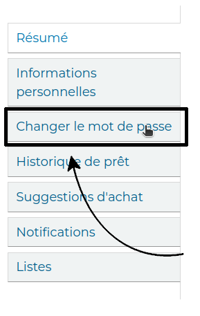 vue de l'onglet "changer le mot de passe" disponible dans le dossier à l'OPAC