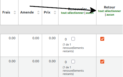 option «tout sélectionner» dans l'entête de la colonne «retours»