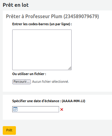 vue de l'interface de prêt en lot