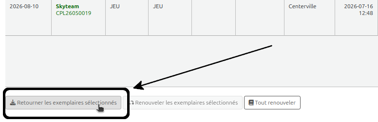 vue du bouton «Renouveler ou retourner les documents» au bas du tableau de prêts