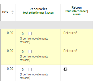 visuel du statut «Retourné» dans la colonne «Retour» du tableau de prêts