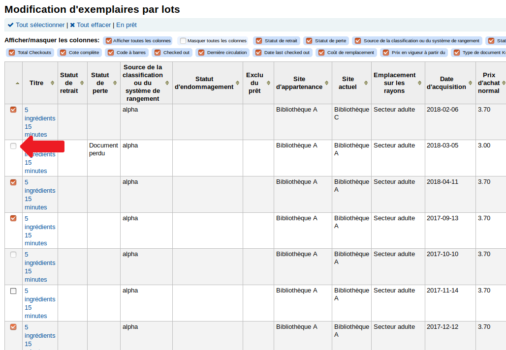 case à cocher du formulaire de modification d'exemplaires