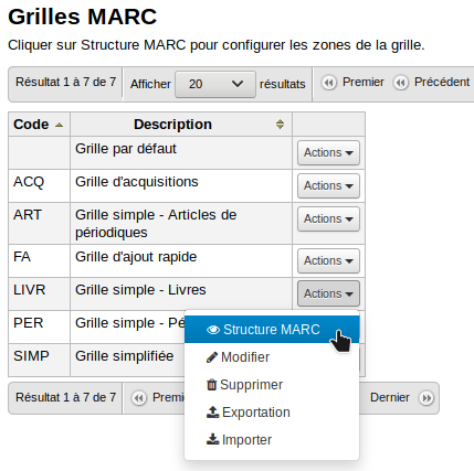 Capture d'écran montrant la localisation de l'option Structure MARC