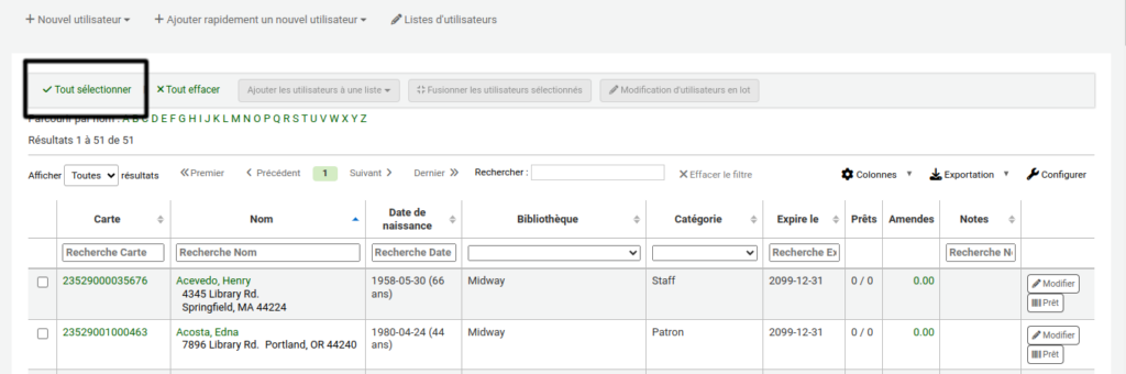 Haut du tableau de résultats d'utilisateurs, le lien Tout sélectionner en haut à gauche est mis en évidence