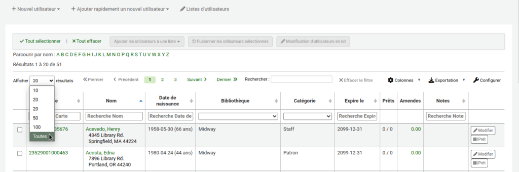 Haut du tableau de résultats d'utilisateurs, le menu déroulant Afficher X résultats est déroulé et le curseur de la souris est sur l'option "Toutes".