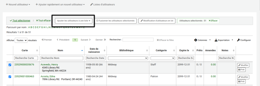 Haut du tableau de résultats d'utilisateurs, le bouton Ajouter les utilisateurs à une liste en haut est mis en évidence