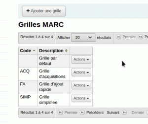 Animation montrant le curseur cliquer sur Action à côté de Grille par défaut et choisir Structure MARC