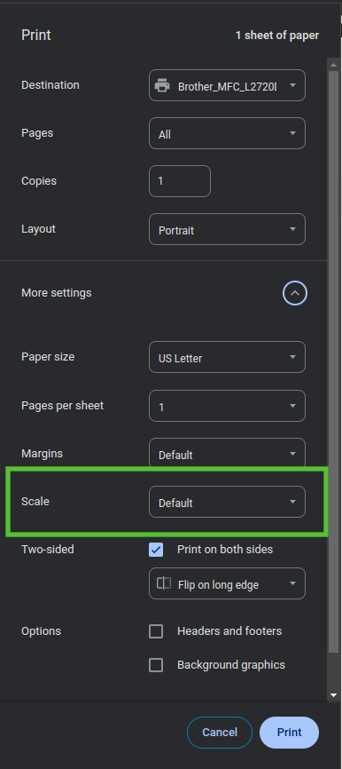 Options d'impression à partir de Chrome. L'option Scale est mise en évidence