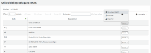 Tableau des grilles de catalogage, le bouton Actions à droite de la grille par défaut est cliqué et le curseur est sur l'option Structure MARC.
