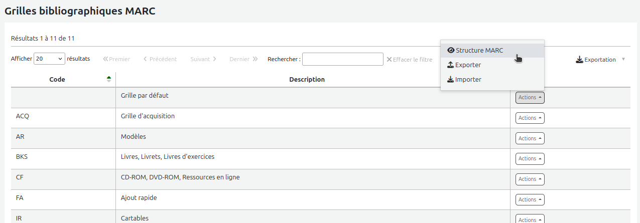 Tableau des grilles de catalogage, le bouton Actions à droite de la grille par défaut est cliqué et le curseur est sur l'option Structure MARC.