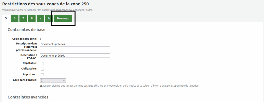 Onglet Nouveau dans la page de modification des sous-zones de la grille de catalogage