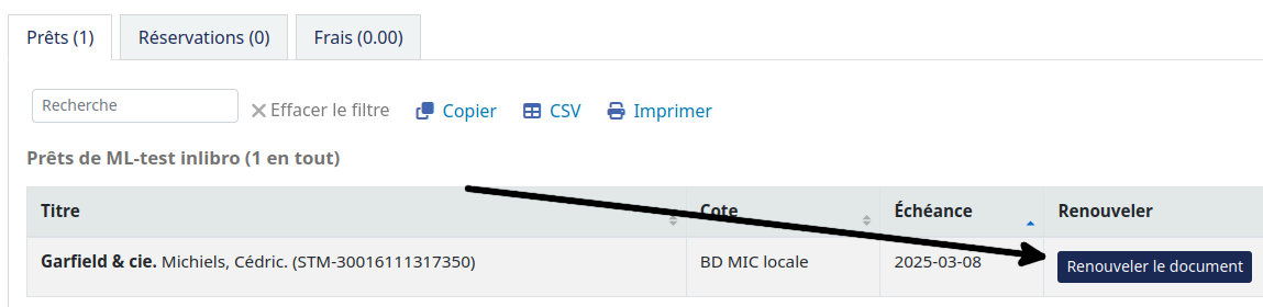 vue du bouton «Renouveler le document» dans la liste de prêts du dossier