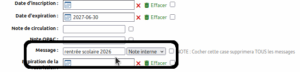 vue d'un message "rentrée scolaire 2026" de type "note interne" dans le formulaire de modification