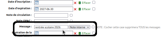 vue d'un message "rentrée scolaire 2026" de type "note interne" dans le formulaire de modification
