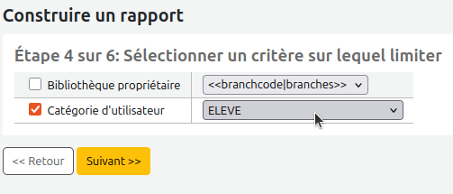 vue de la case à cocher à droite du champ "Catégorie d'utilisateur" et du choix "ELEVE" dans le menu déroulant de l'étape 4 de création de rapport guidé