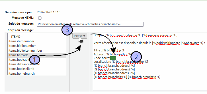 vue de la sélection du champ automatique de la console de gauche, sélection de l'emplacement dans le message et du clic sur le bouton "insérer"