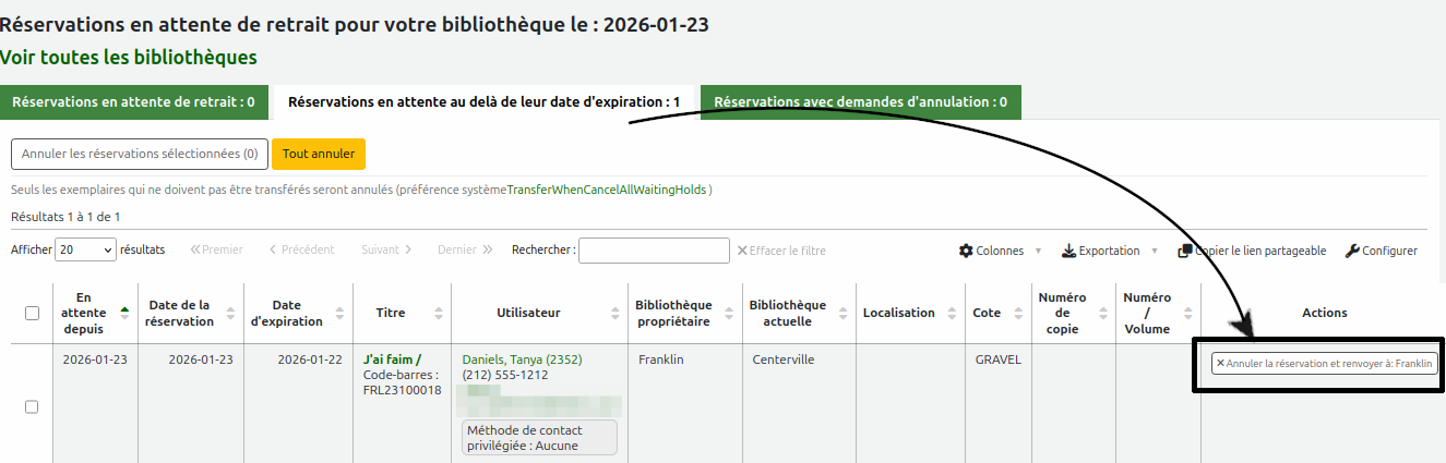 bouton "annuler la réservation" dans la page "réservation en attente de retrait ., onglet date d'expiration