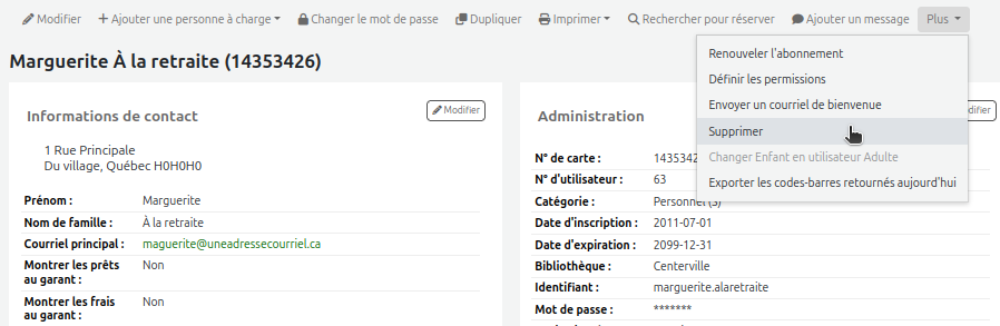 Vue du bouton "Plus" et de l'option "Supprimer" dans le dossier utilisateur