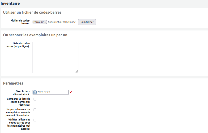 vue de la section "Utiliser un fichier de code-barre", "OUscanner les exemplaires" et "Paramètres" du formulaire d'inventaire