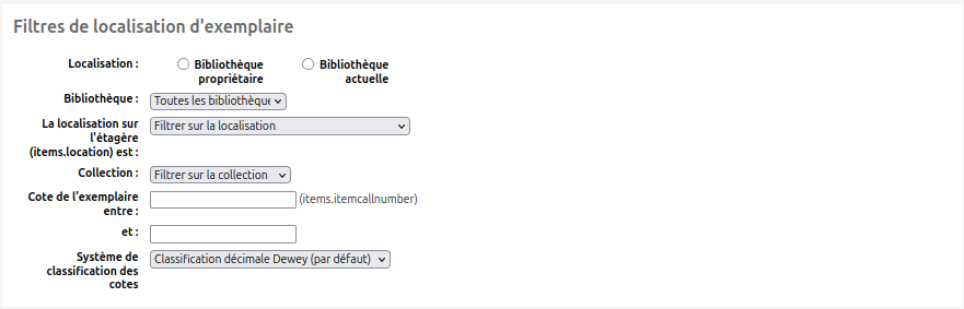 vue de la section "Filtres de localisation d'exemplaire" du formulaire d'iventaire