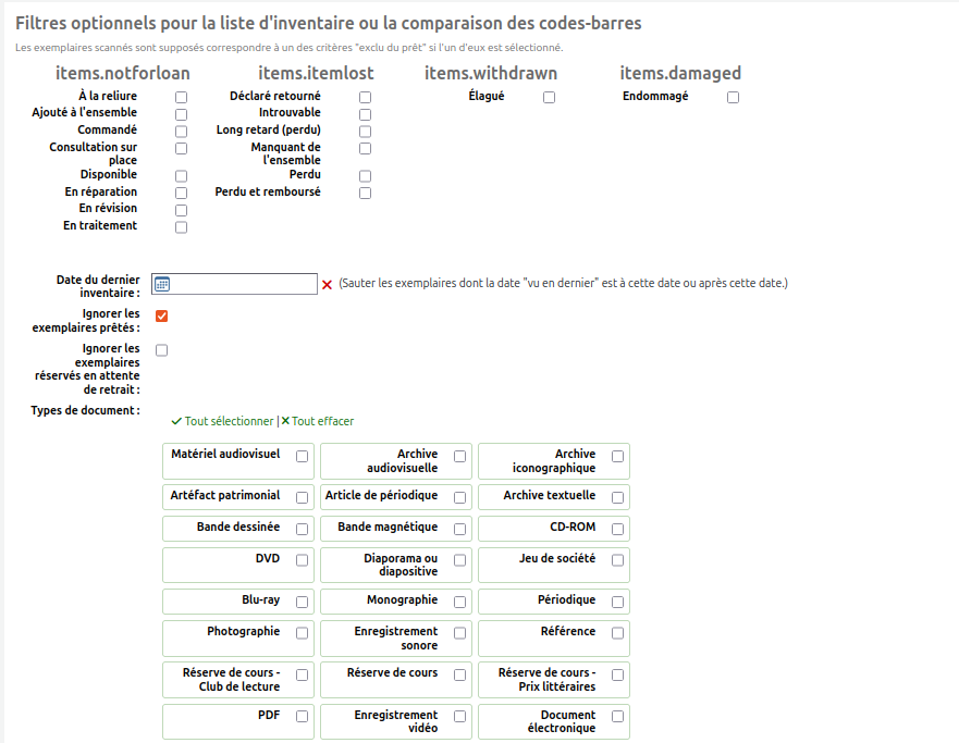 Vue de la section "Filtres optionnels ..." du formulaire d'inventaire