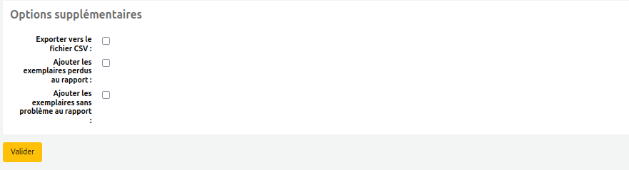 Vue de la section "Options supplémentaires" et du bouton "Valider" du formulaire d'inventaire