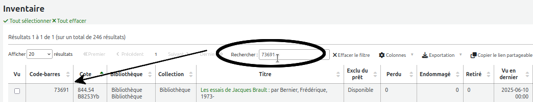 vue de la boîte de recherche au haut du tableau d'inventaire