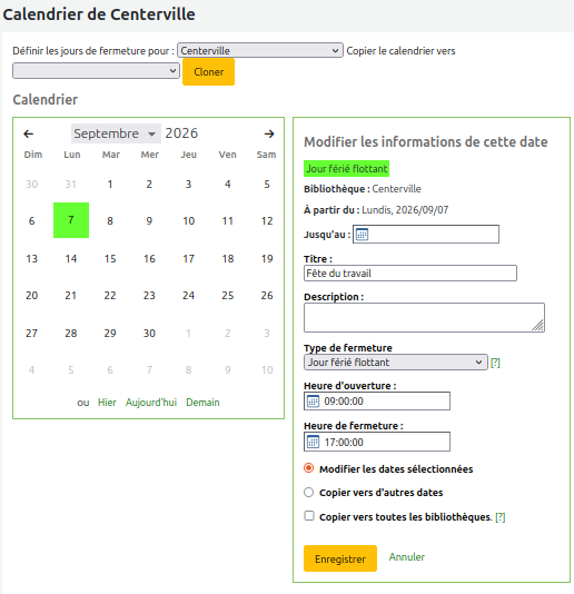 calendrier accompagné du formulaire d'ajout de fermeture