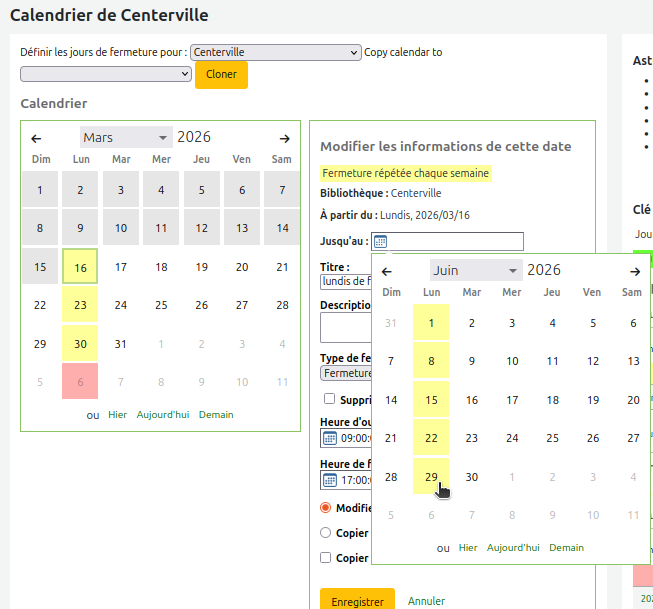 vue de la sélection de date "jusqu'au" dans le formulaire de modification de calendrier