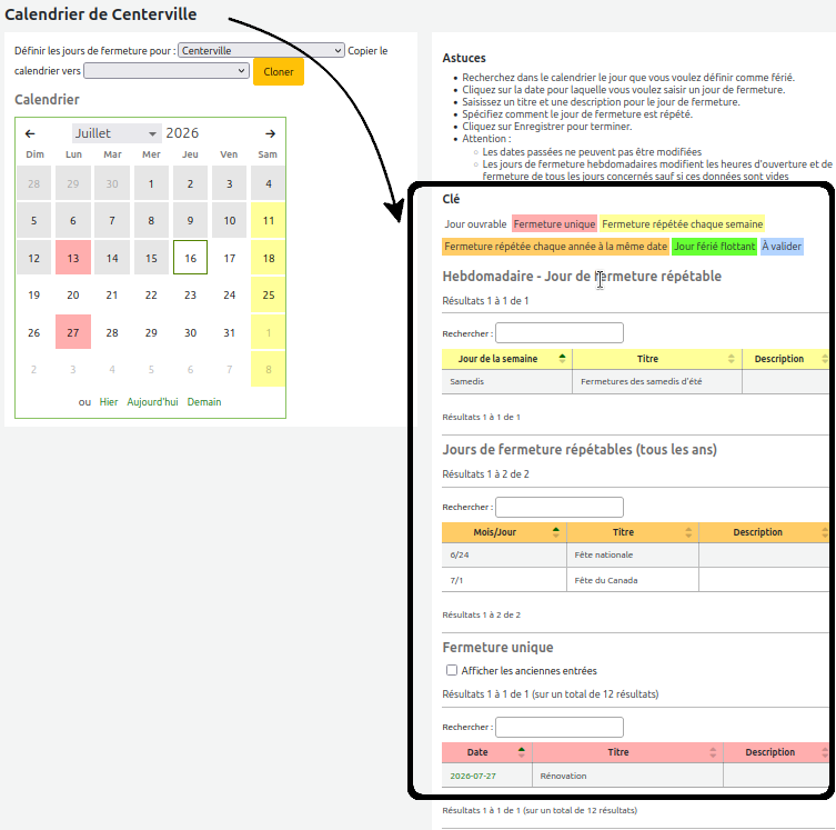 liste complète des jours de fermeture