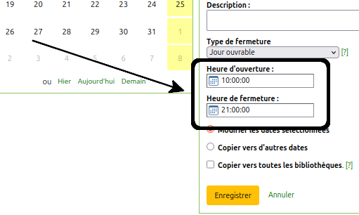 vue d'heure d'ouverture = 10:00 et heure de fermeture = 21:00 dans le formulaire de modification de date du calendrier Koha