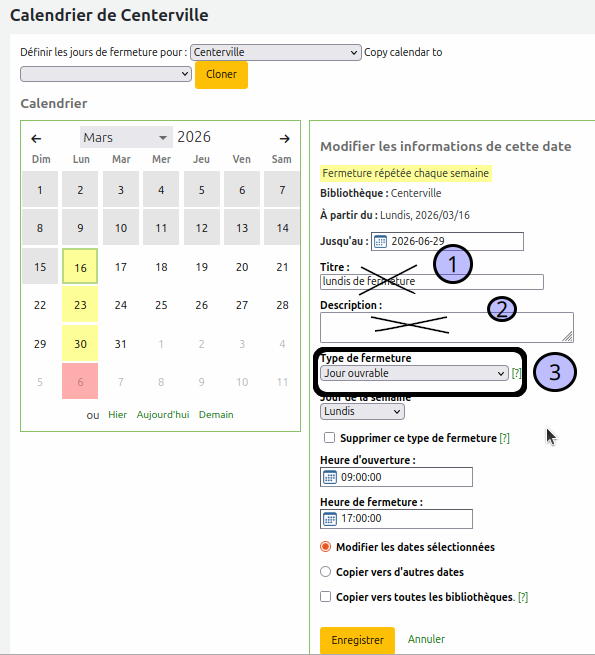 vue des corrections des champs titre, description et type de fermeture du formulaire de modification du calendrier